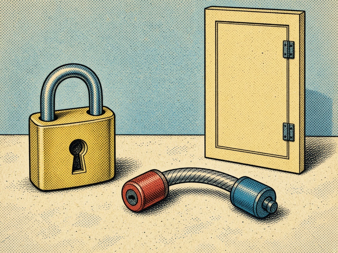 Comic close-up of a padlock on a fridge, no people
